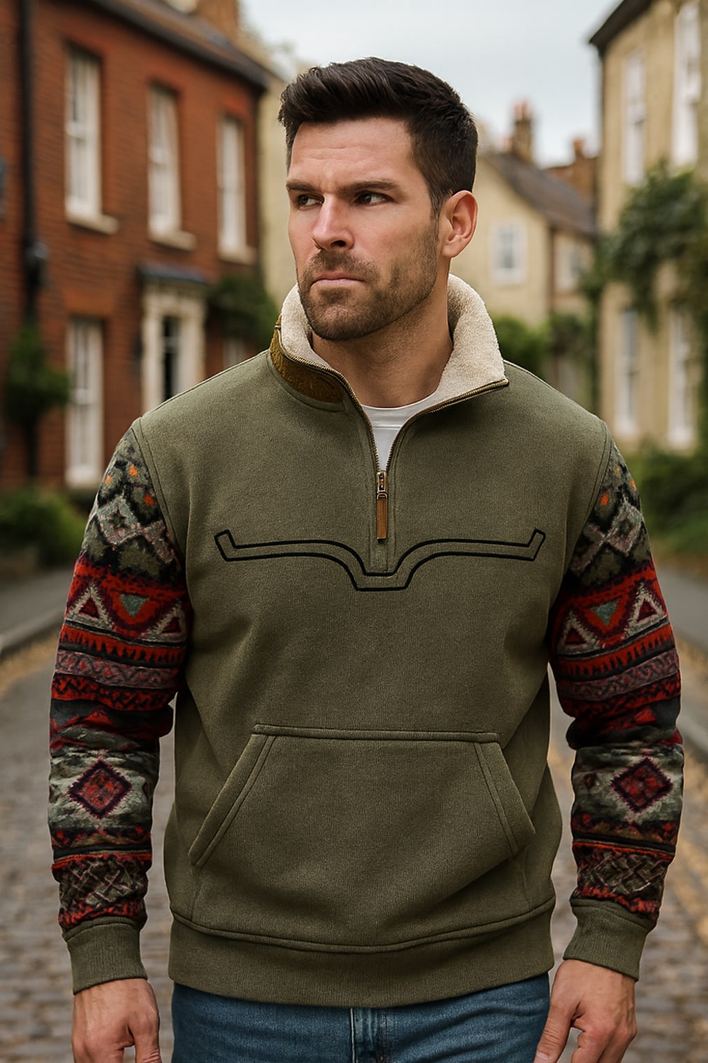 Man wearing the men's quarter zip sweatshirt on an autumn street