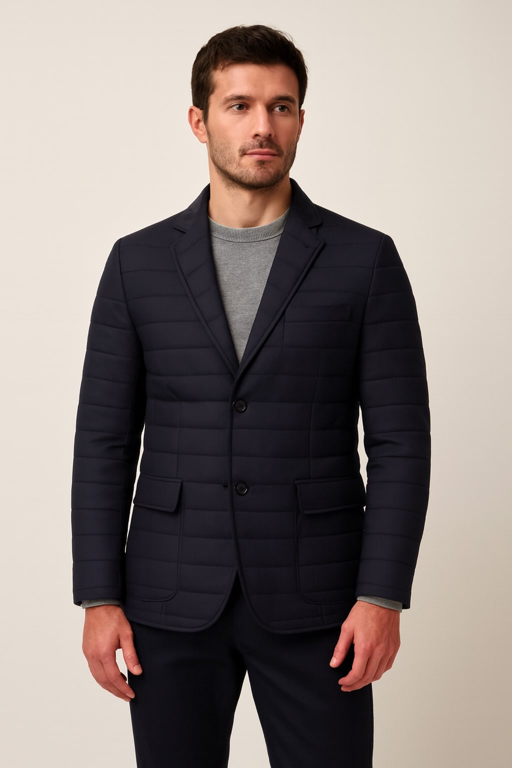 Men's Quilted Blazer in blue, padded smart casual jacket, front view on a model