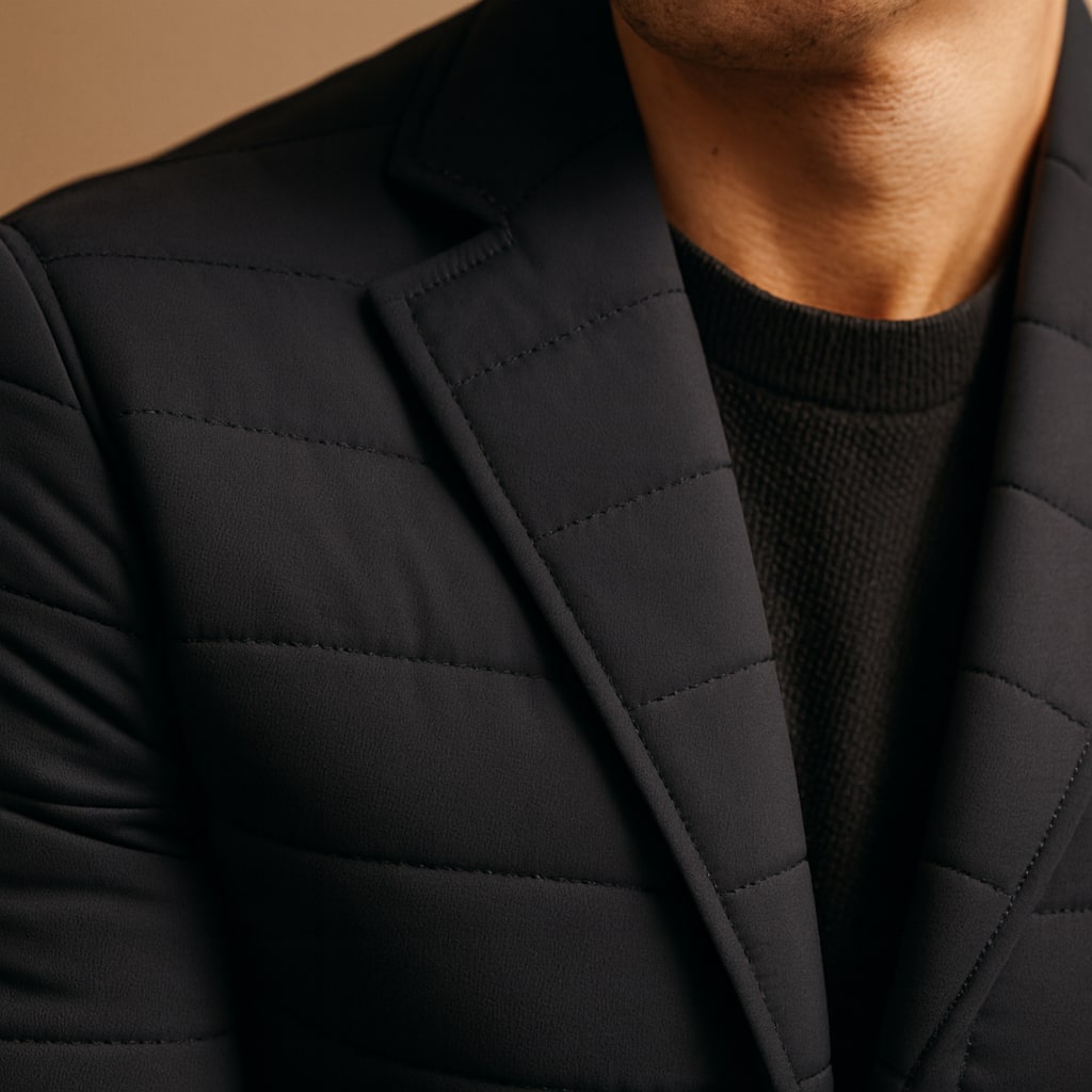 Close-up of the men's quilted blazer showing the quilting and lapel