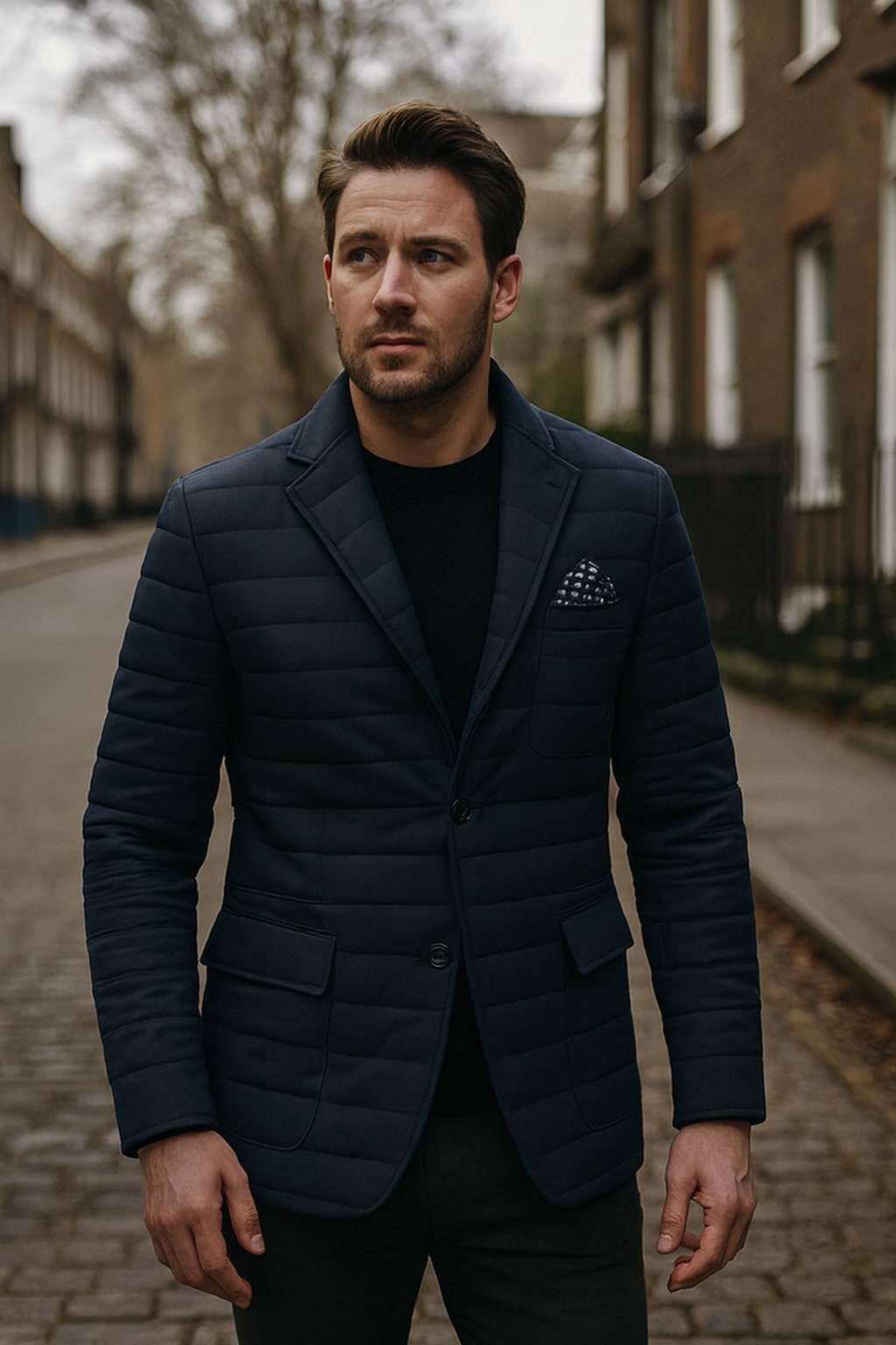 Man wearing the men's quilted blazer on an autumn street