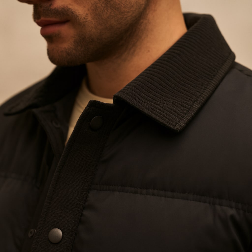 Close-up of the men's quilted jacket showing the ribbed collar and snaps