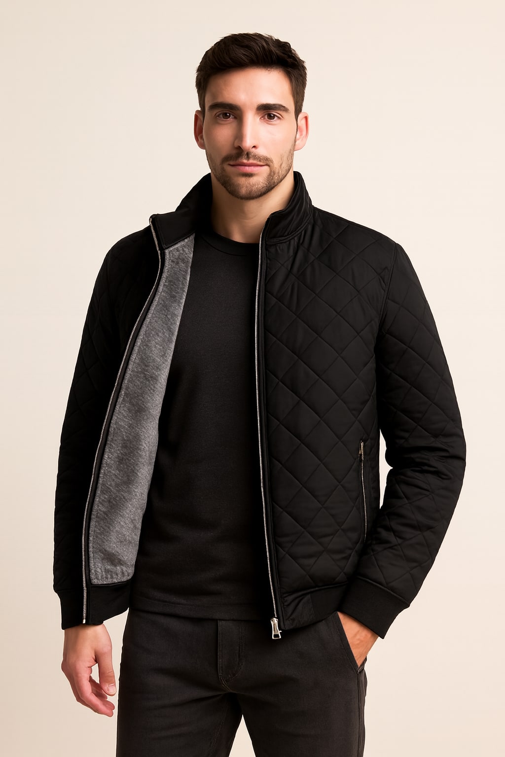 Men's Quilted Jacket in black, fleece-lined zip-up, worn open to show the soft pale grey fleece lining