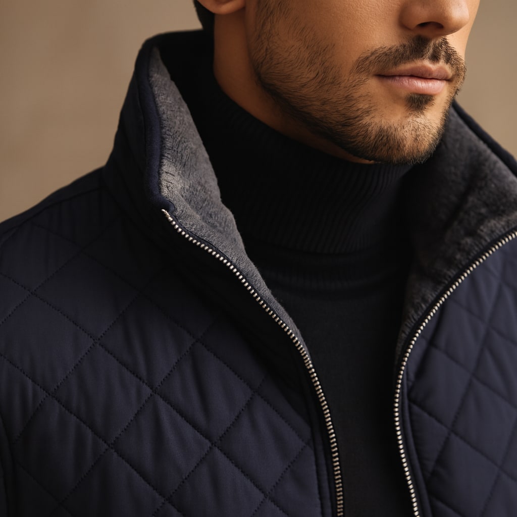 Close-up of the men's quilted jacket showing the fleece-lined collar