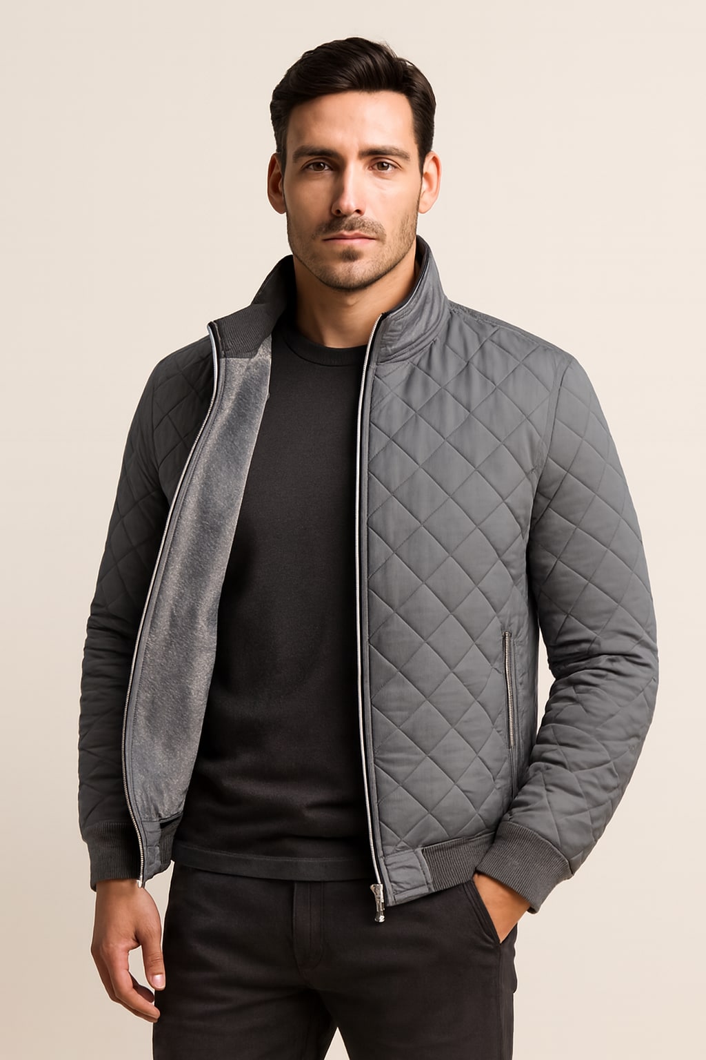 Men's Quilted Jacket in grey, fleece-lined zip-up, worn open to show the soft pale grey fleece lining