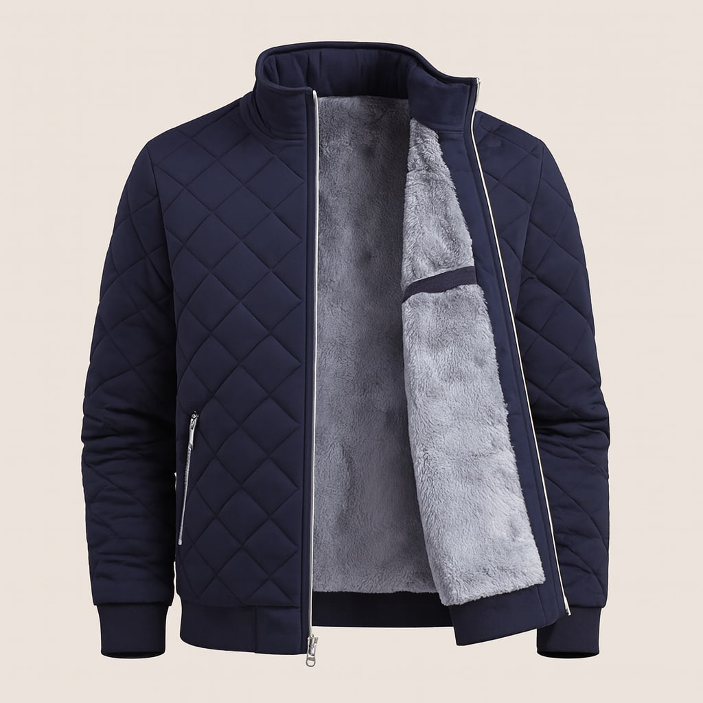 Inside view of the men's quilted jacket in navy showing the soft pale grey fleece lining