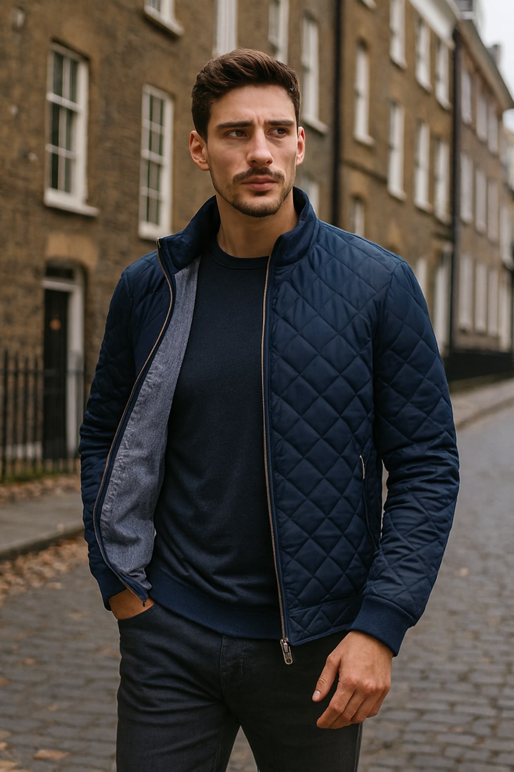 Man wearing the men's quilted jacket on an autumn street