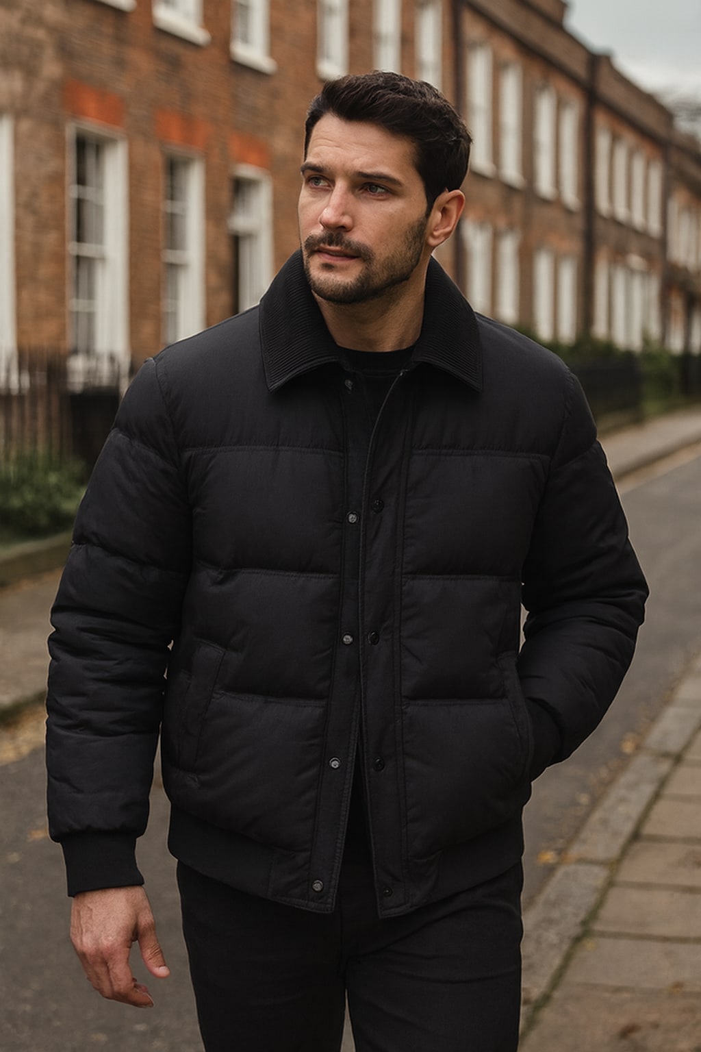 Man wearing the men's quilted jacket on an autumn street