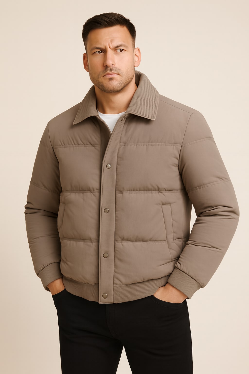 Men's Quilted Jacket in beige, snap-front lightweight puffer, front view on a model