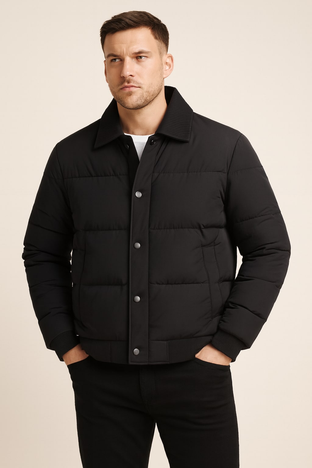Men's Quilted Jacket in black, snap-front lightweight puffer, front view on a model