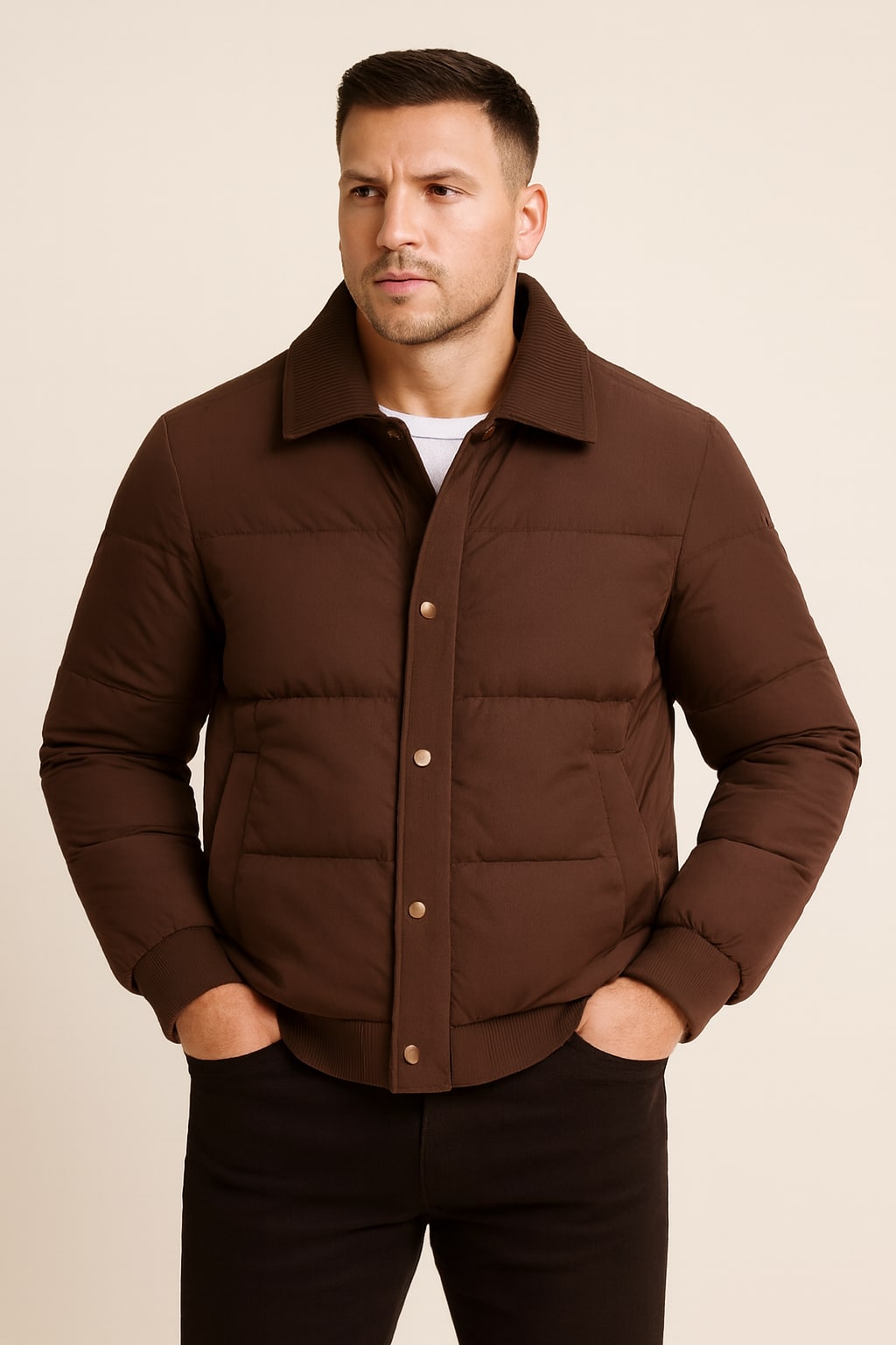 Men's Quilted Jacket in brown, snap-front lightweight puffer, front view on a model