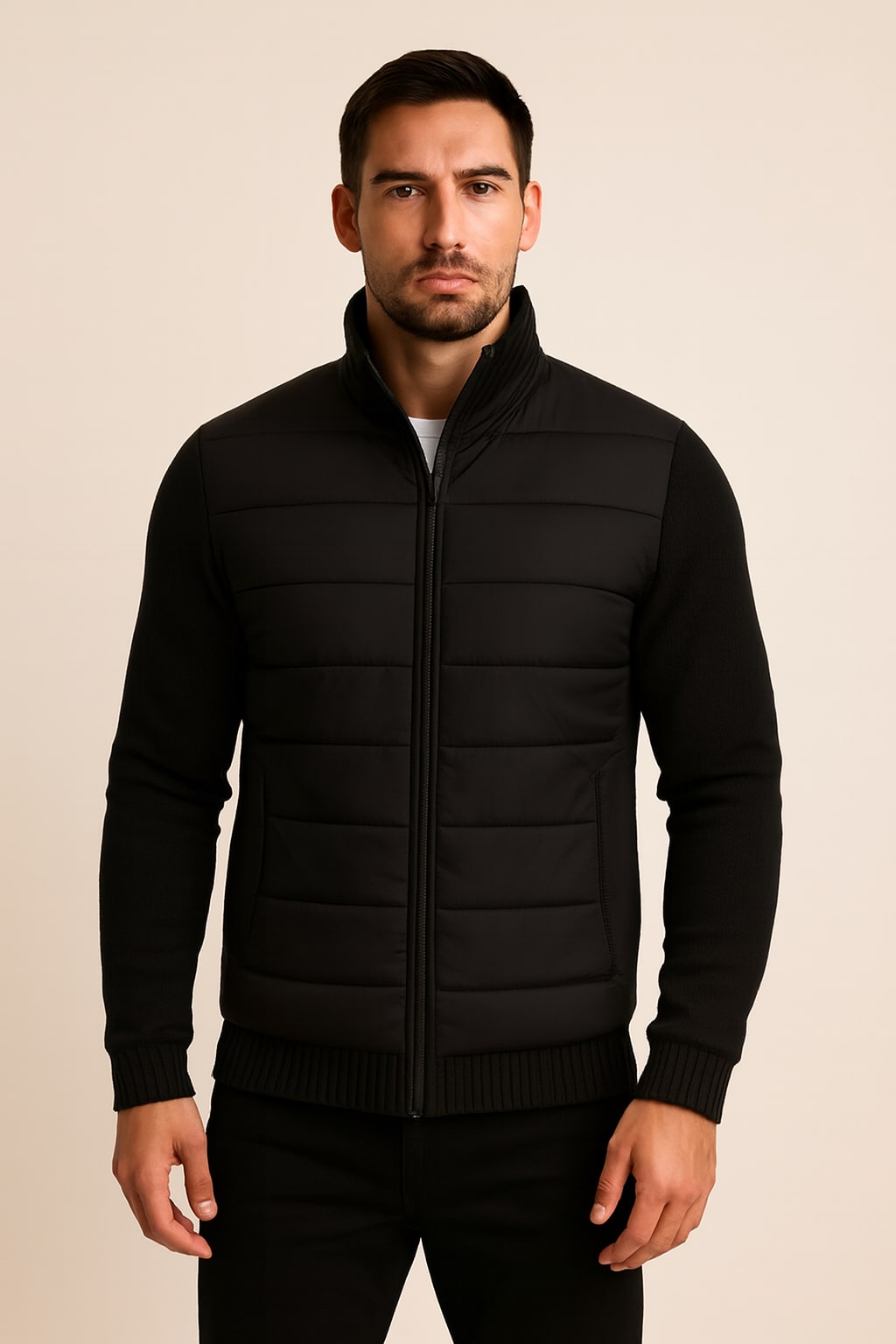 Men's Quilted Puffer Jacket in black, fleece sleeve hybrid, front view on a model