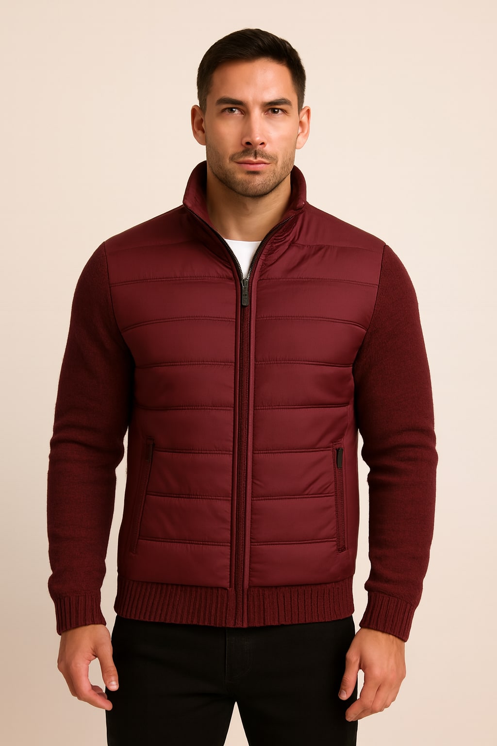 Men's Quilted Puffer Jacket in burgundy, fleece sleeve hybrid, front view on a model