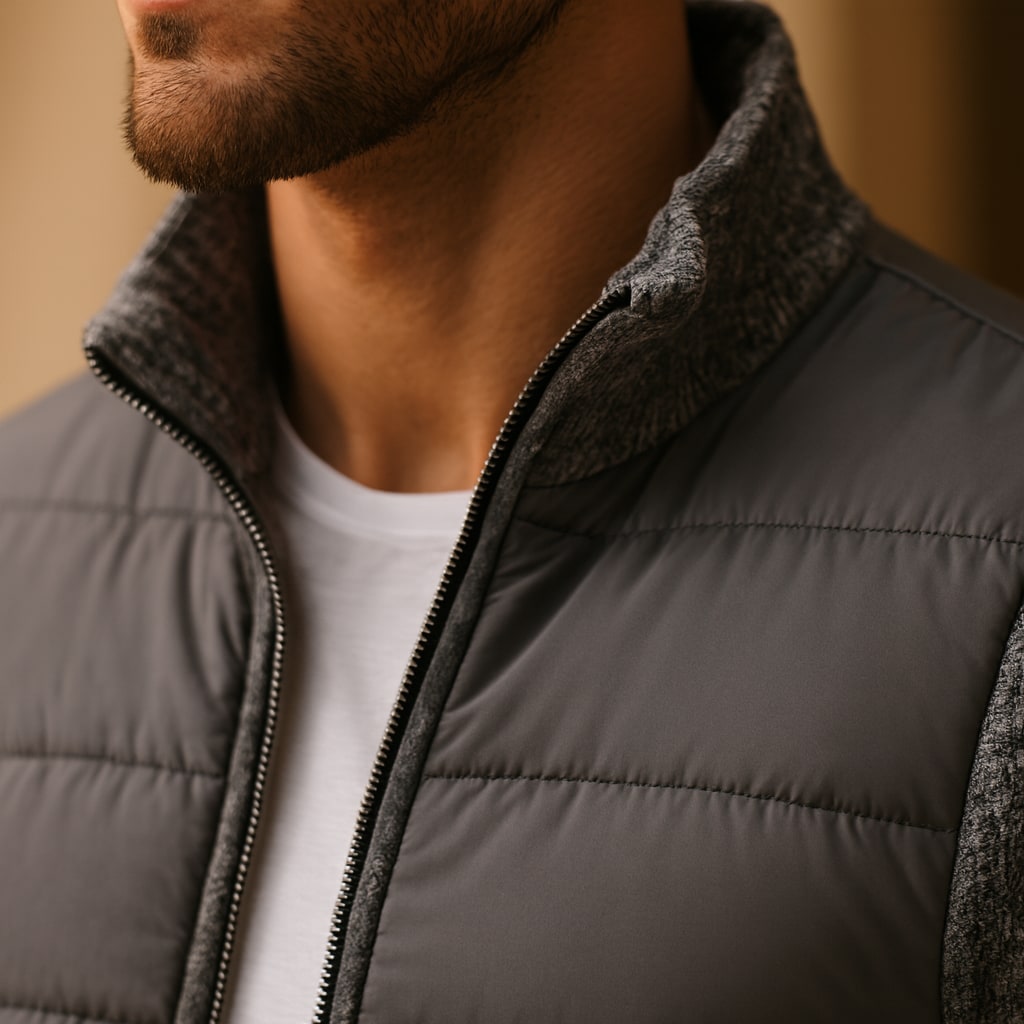 Close-up of the men's quilted puffer jacket showing where the quilted body meets the knit sleeve