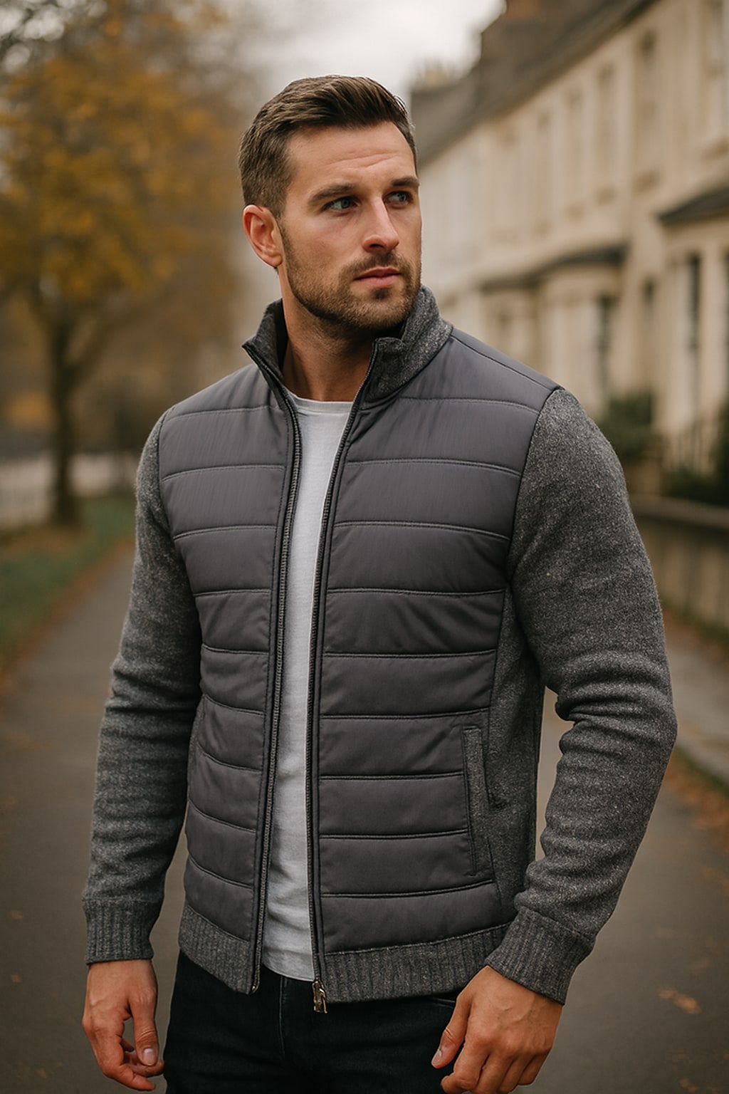Man wearing the men's quilted puffer jacket on an autumn street