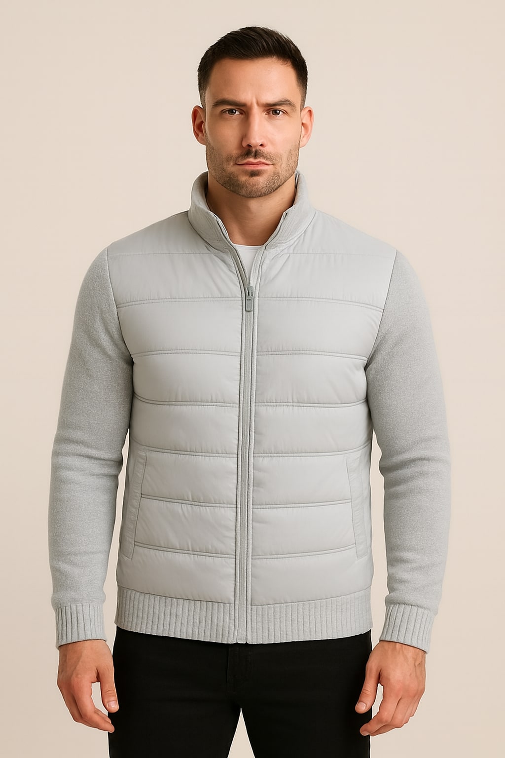 Men's Quilted Puffer Jacket in light grey, fleece sleeve hybrid, front view on a model