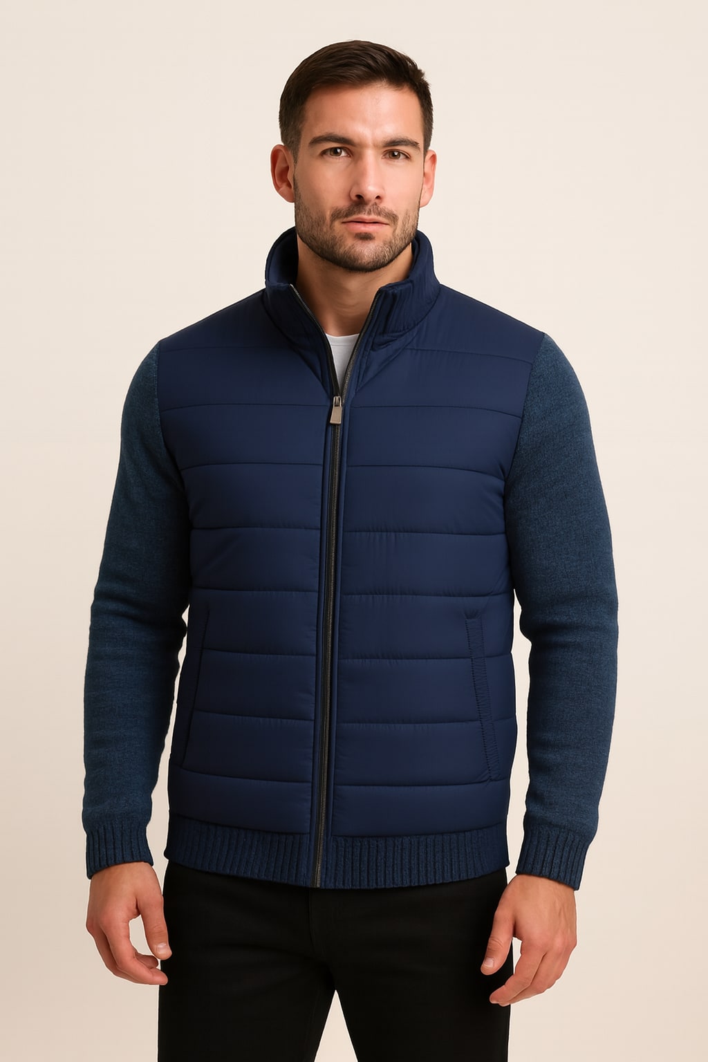 Men's Quilted Puffer Jacket in navy, fleece sleeve hybrid, front view on a model