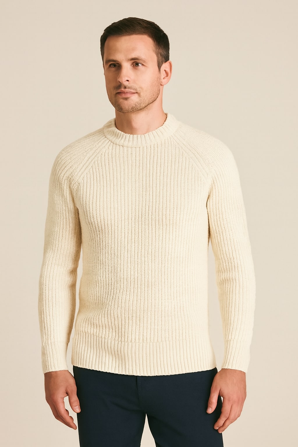 Men's Ribbed Jumper in beige, slim fit round neck knit, front view on a model
