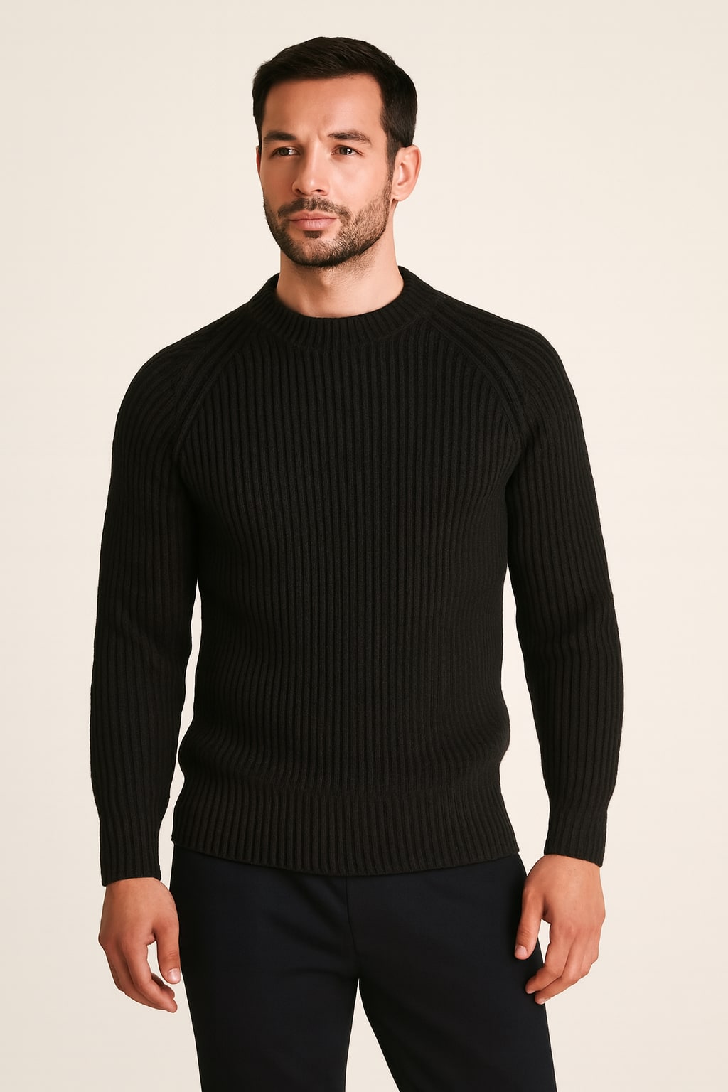 Men's Ribbed Jumper in black, slim fit round neck knit, front view on a model