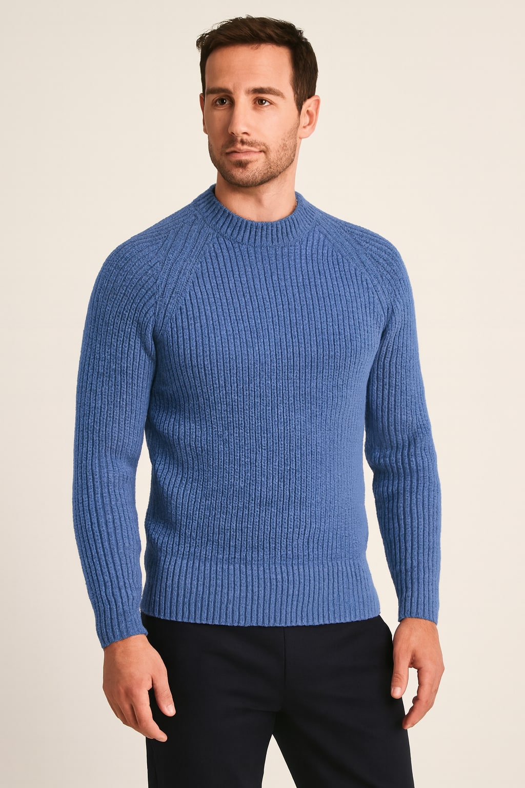 Men's Ribbed Jumper in blue, slim fit round neck knit, front view on a model