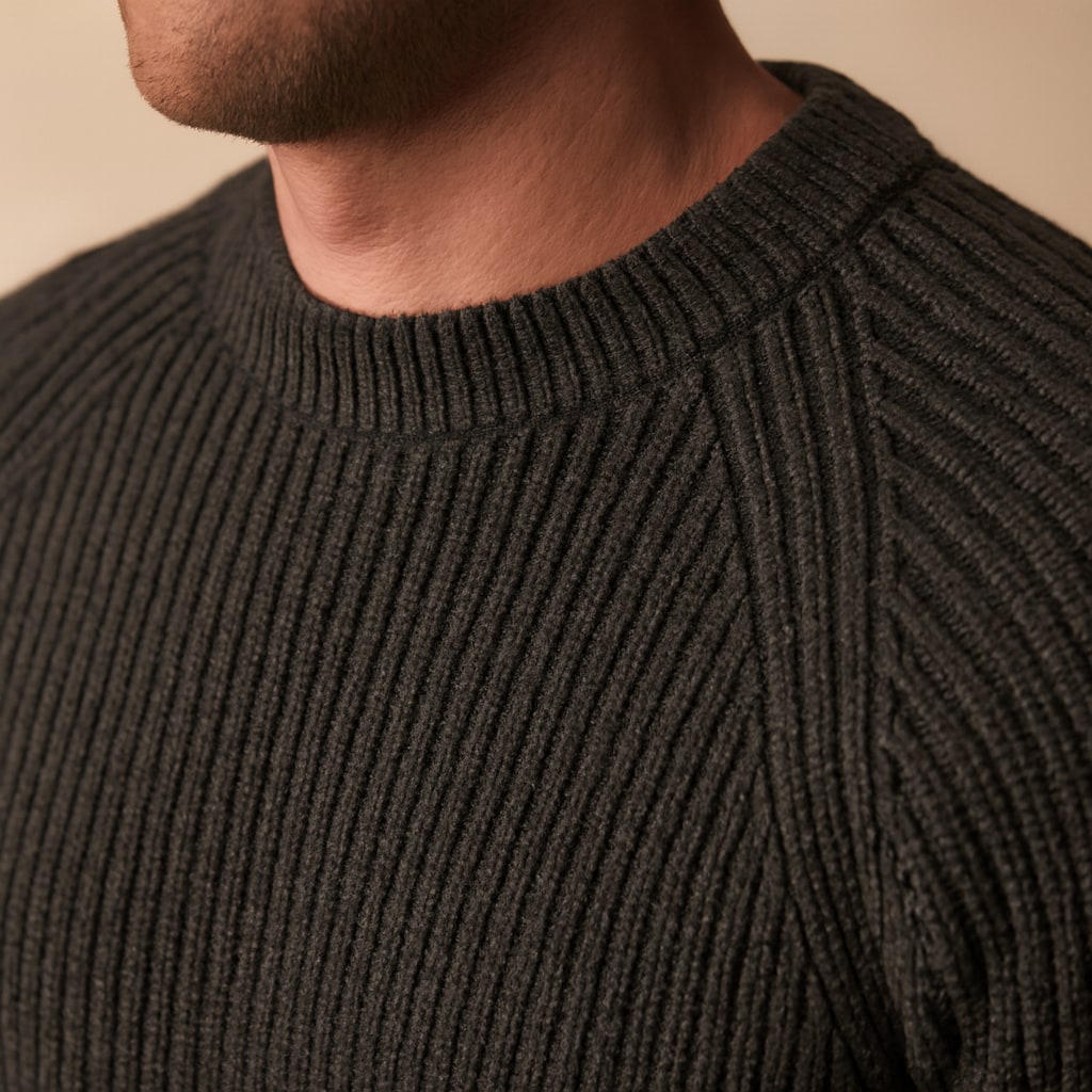 Close-up of the men's ribbed jumper showing the rib knit