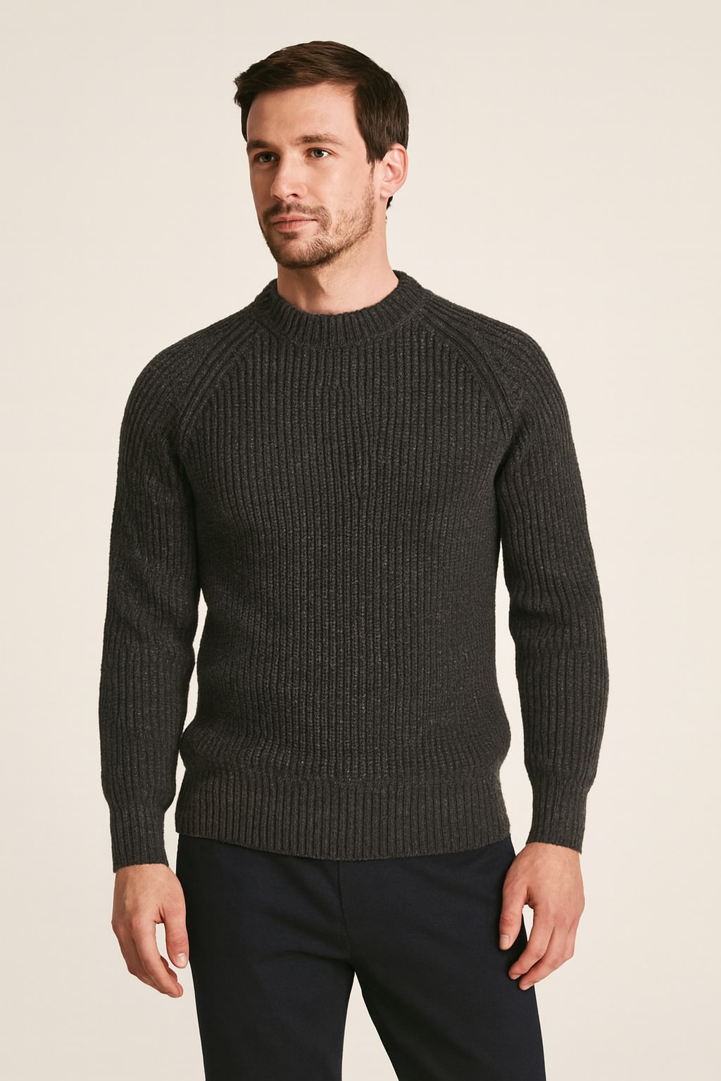 Men's Ribbed Jumper in dark grey, slim fit round neck knit, front view on a model