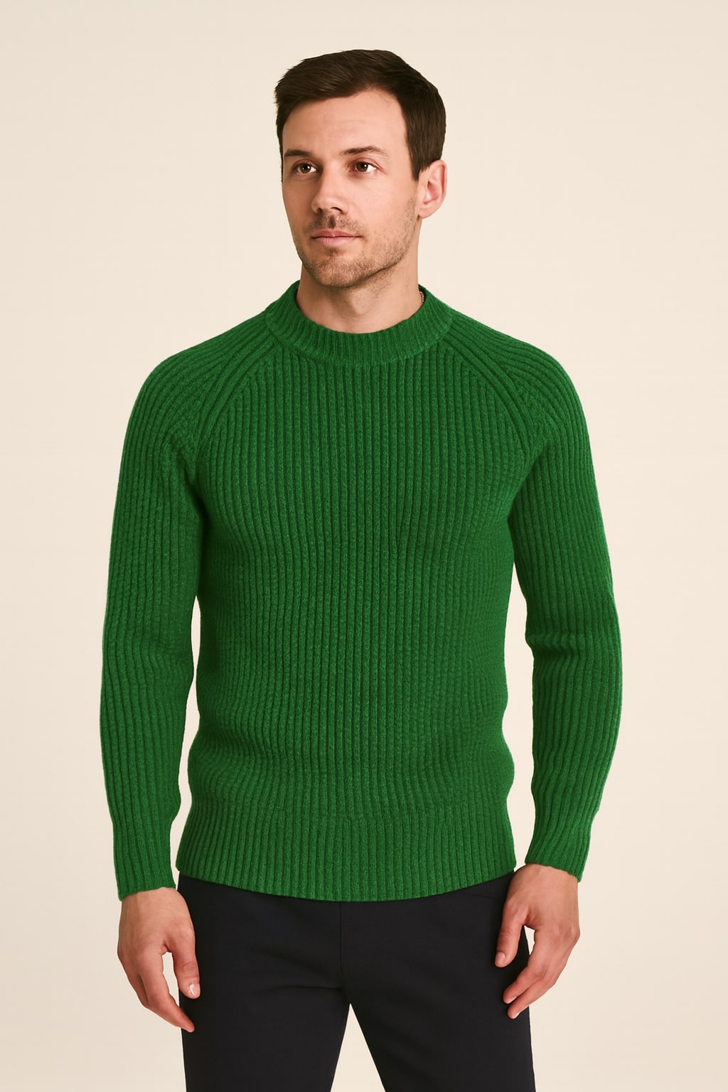 Men's Ribbed Jumper in green, slim fit round neck knit, front view on a model