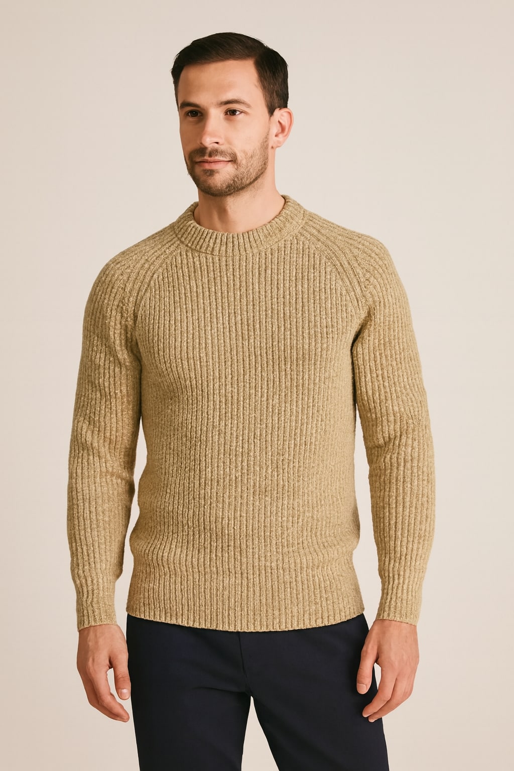Men's Ribbed Jumper in khaki, slim fit round neck knit, front view on a model