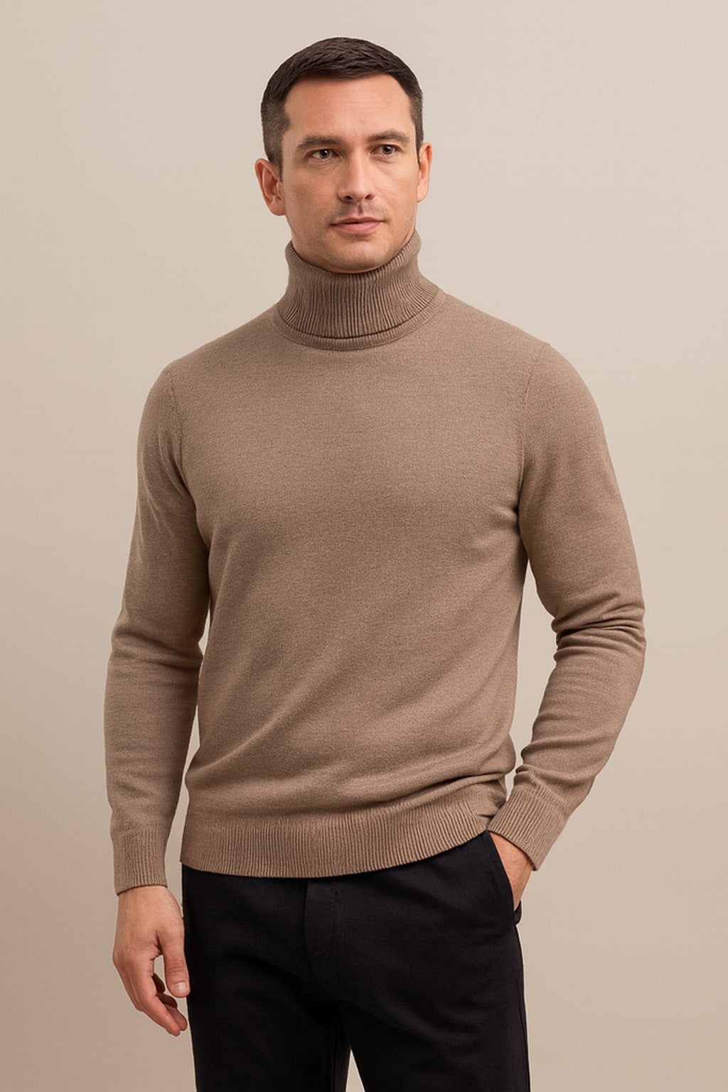 Men's Roll Neck Jumper in beige, soft knit winter jumper, front view on a model