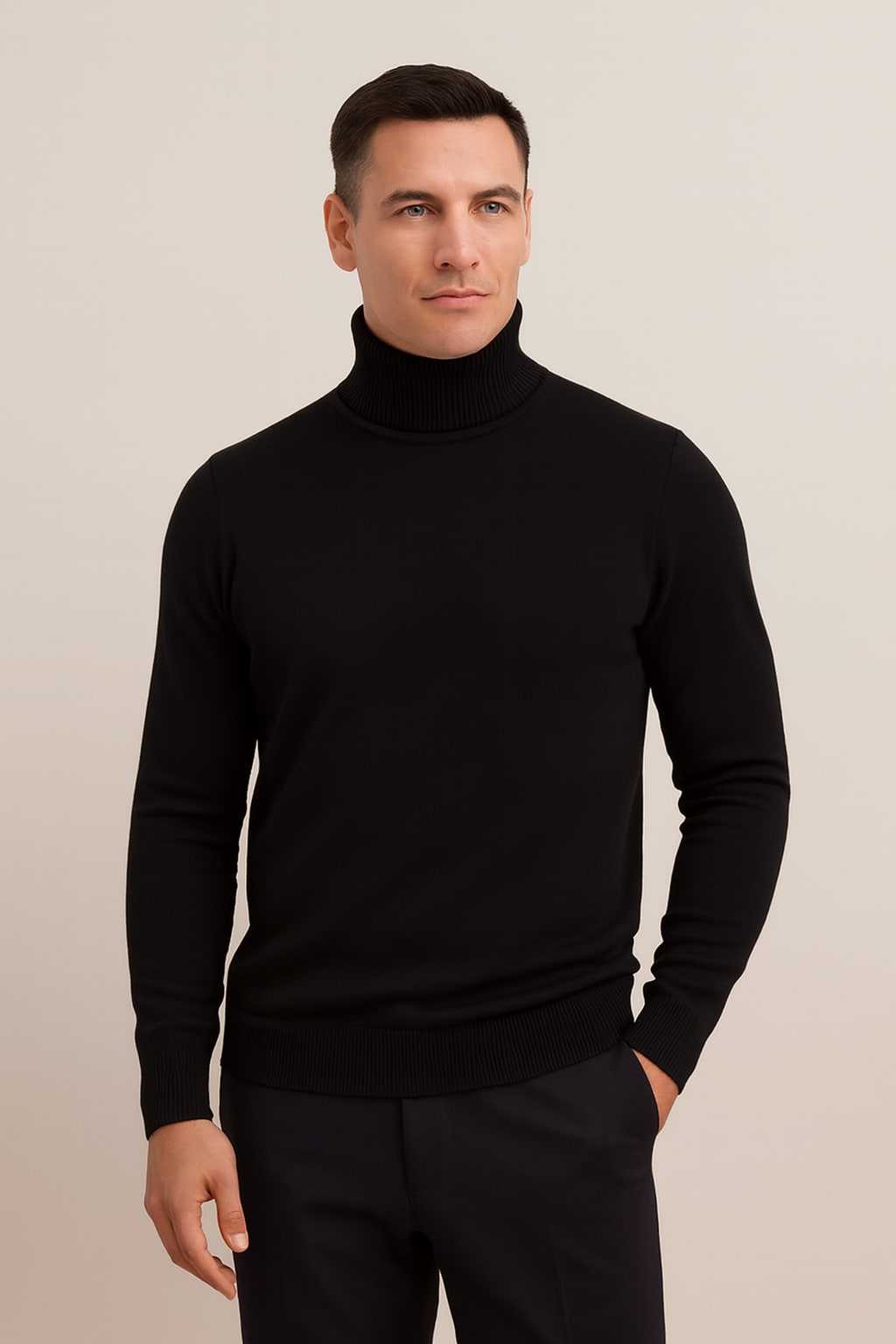 Men's Roll Neck Jumper in black, soft knit winter jumper, front view on a model