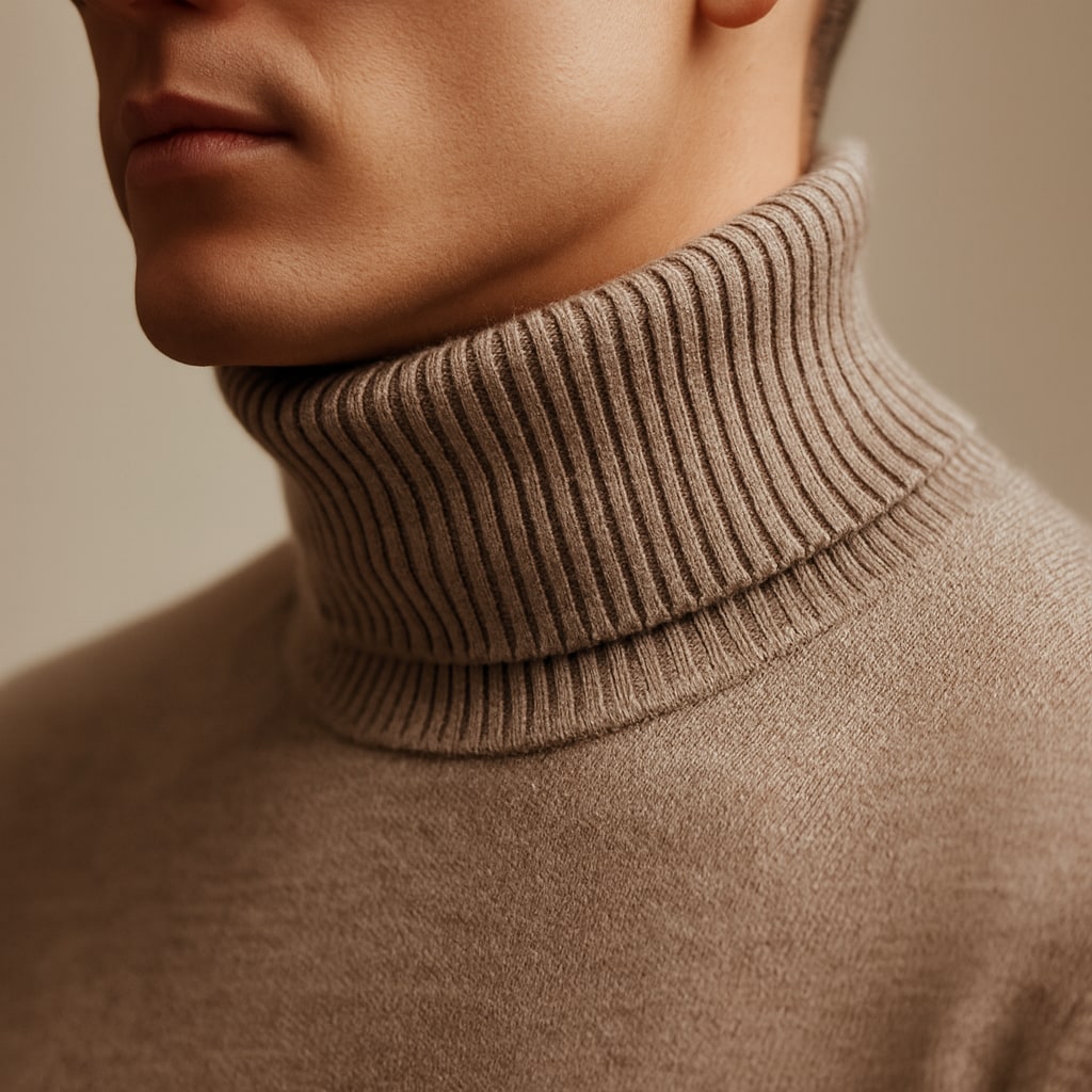 Close-up of the men's roll neck jumper showing the roll neck