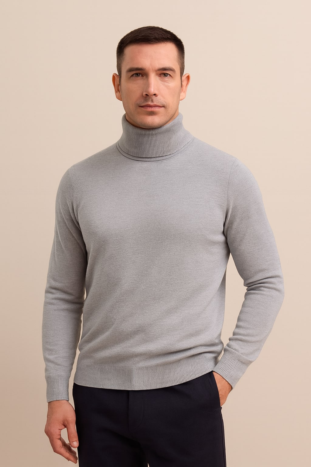 Men's Roll Neck Jumper in grey, soft knit winter jumper, front view on a model