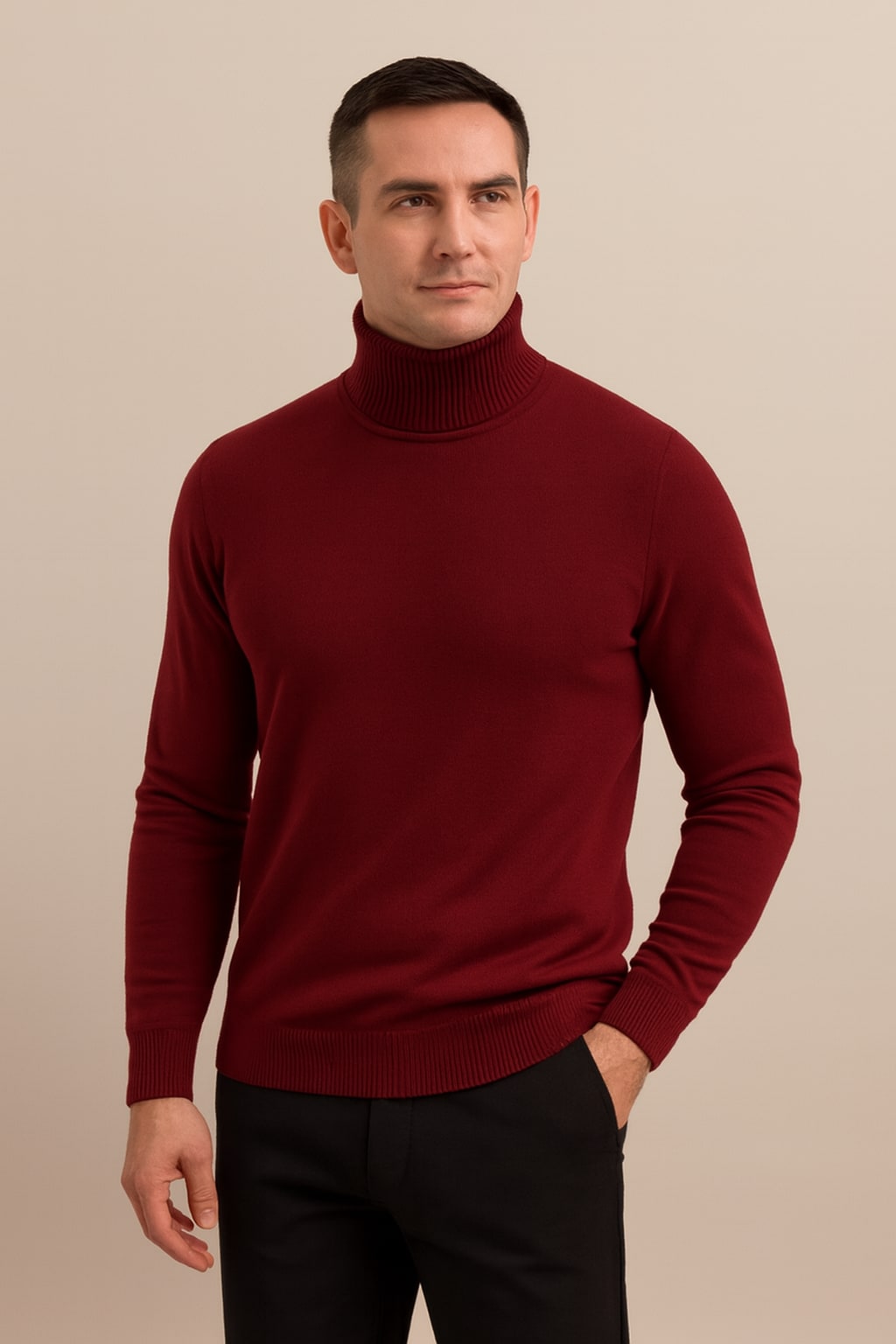 Men's Roll Neck Jumper in red, soft knit winter jumper, front view on a model