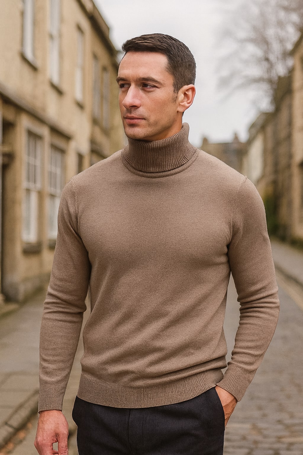 Man wearing the men's roll neck jumper on an autumn street