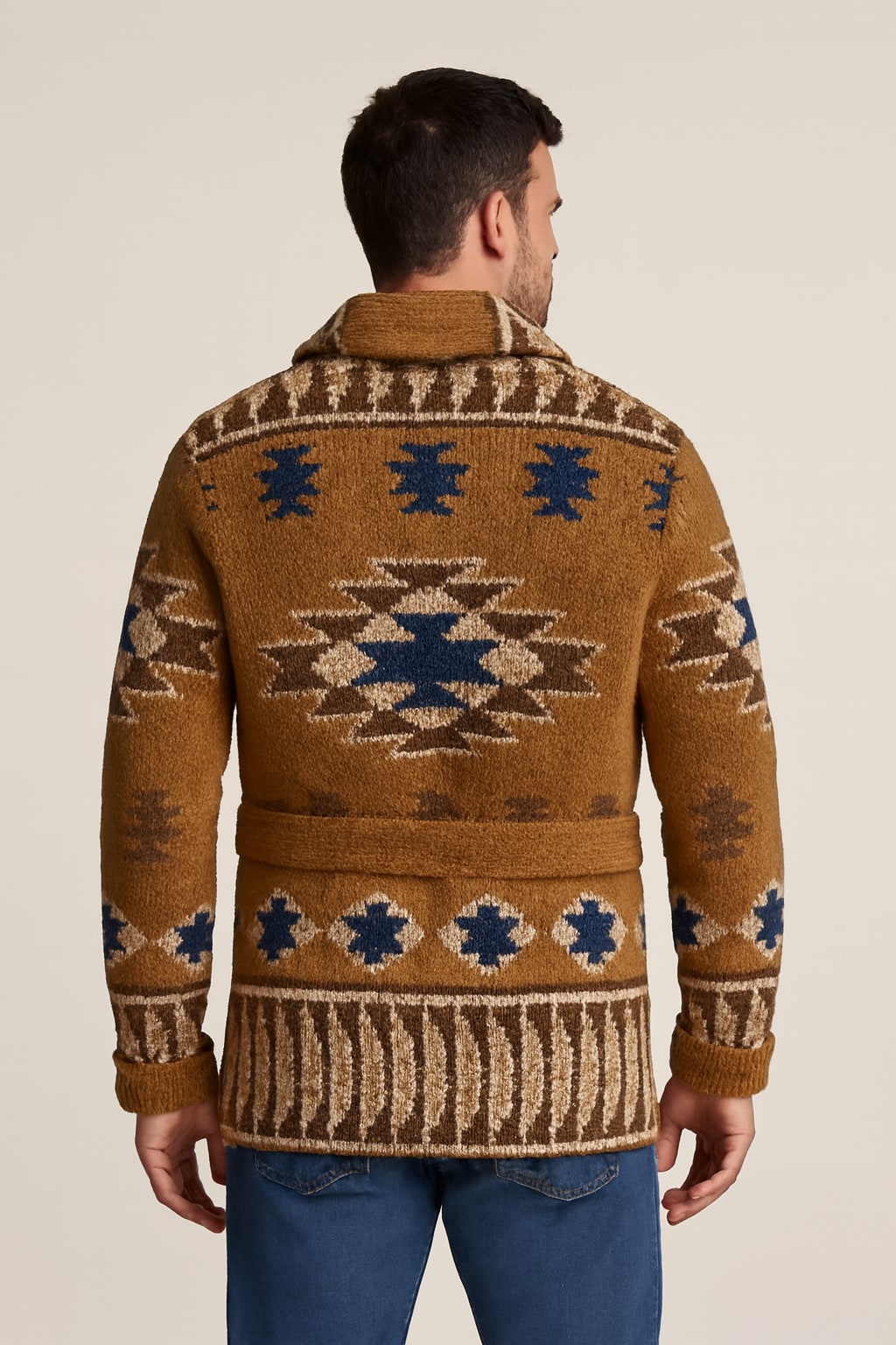 Back view of the men's shawl collar cardigan in brown on a model