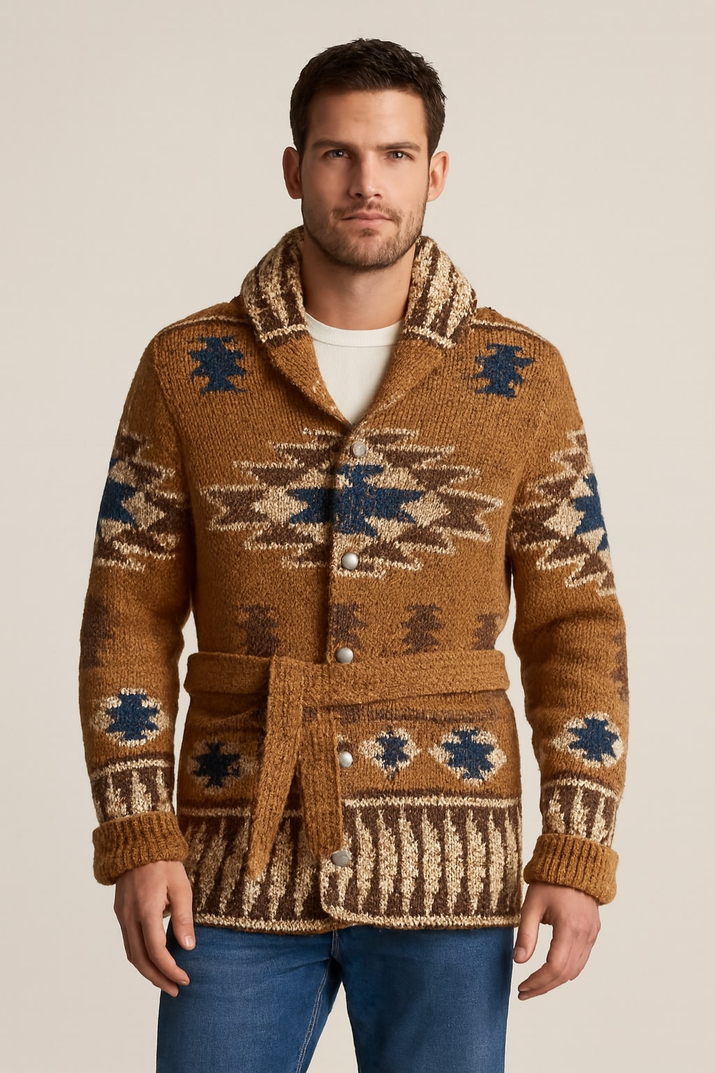 Men's Shawl Collar Cardigan in brown, belted jacquard knit, front view on a model