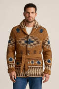 Men's Shawl Collar Cardigan in brown, belted jacquard knit, front view on a model
