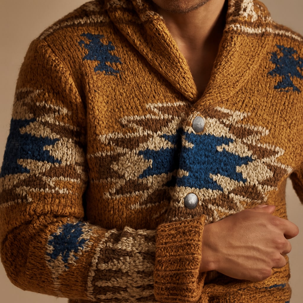 Close-up of the men's shawl collar cardigan showing the jacquard pattern