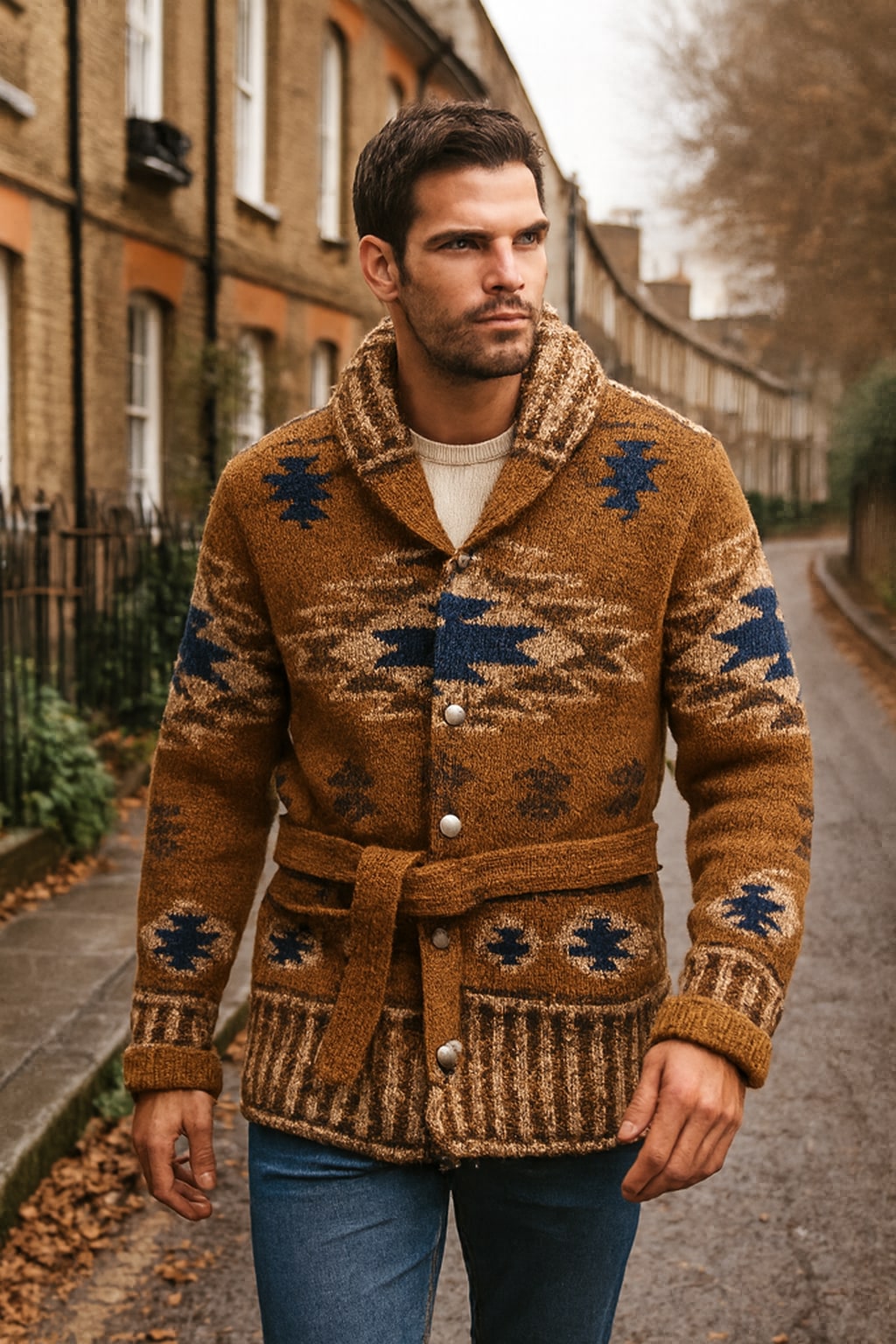Man wearing the men's shawl collar cardigan on an autumn street