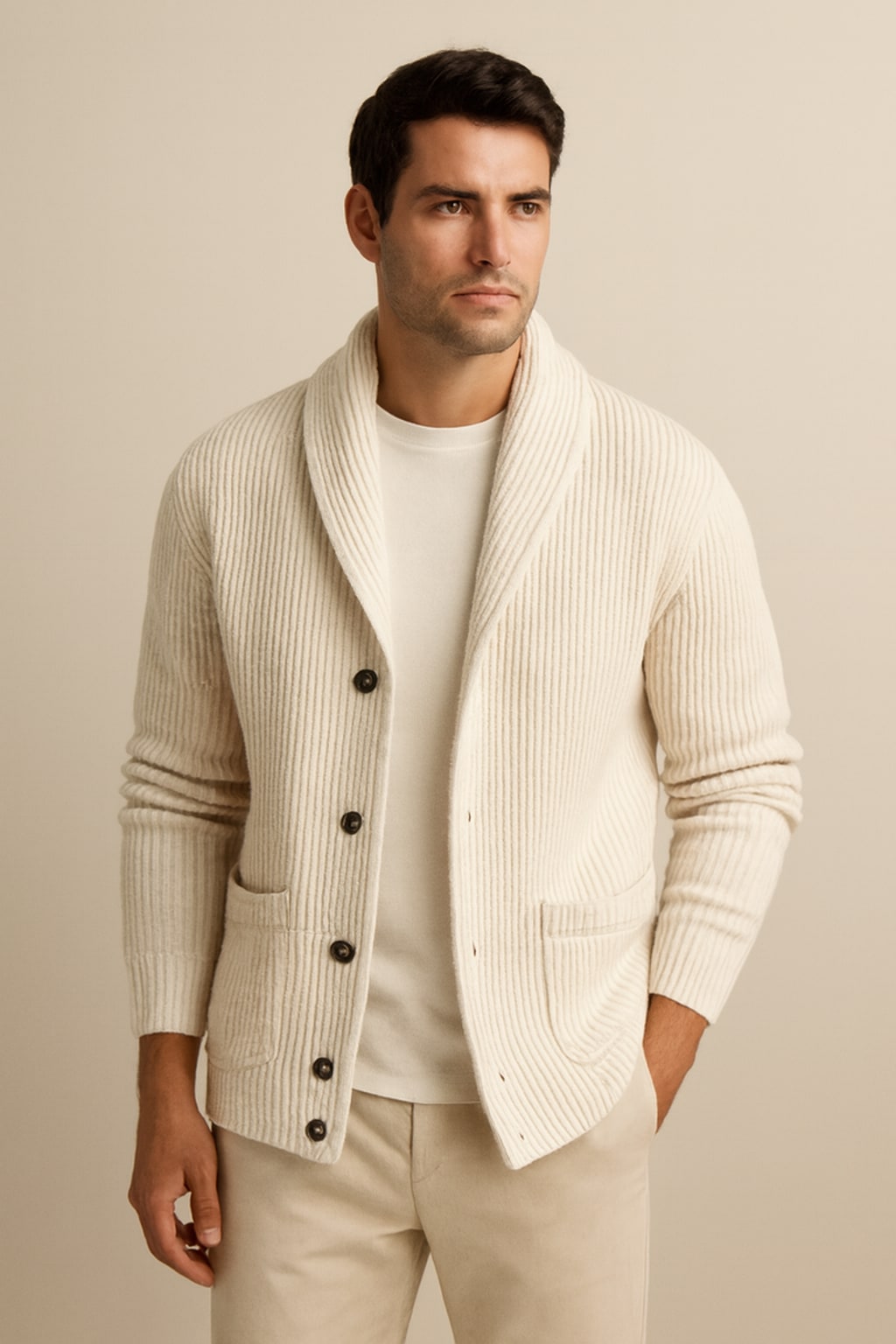 Men's Shawl Collar Cardigan in beige, relaxed button knit, front view on a model