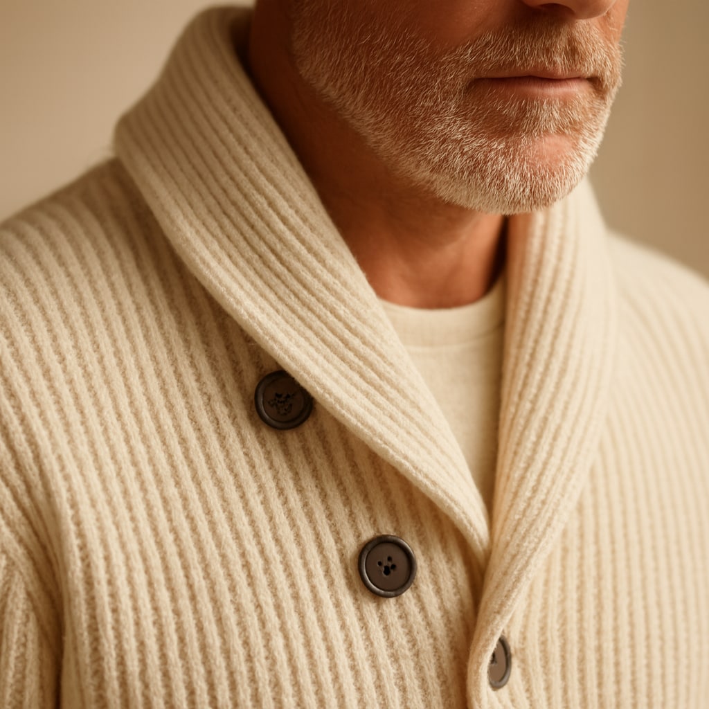 Close-up of the men's shawl collar cardigan showing the shawl collar and buttons