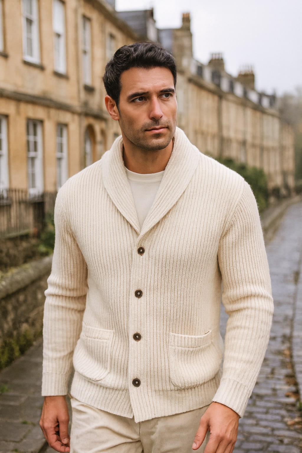 Man wearing the men's shawl collar cardigan on an autumn street