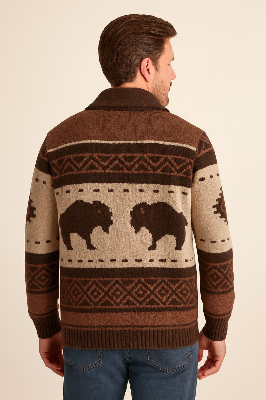 Back view of the men's shawl collar zip cardigan in brown on a model