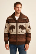 Men's Shawl Collar Zip Cardigan in brown, buffalo pattern knit, front view on a model