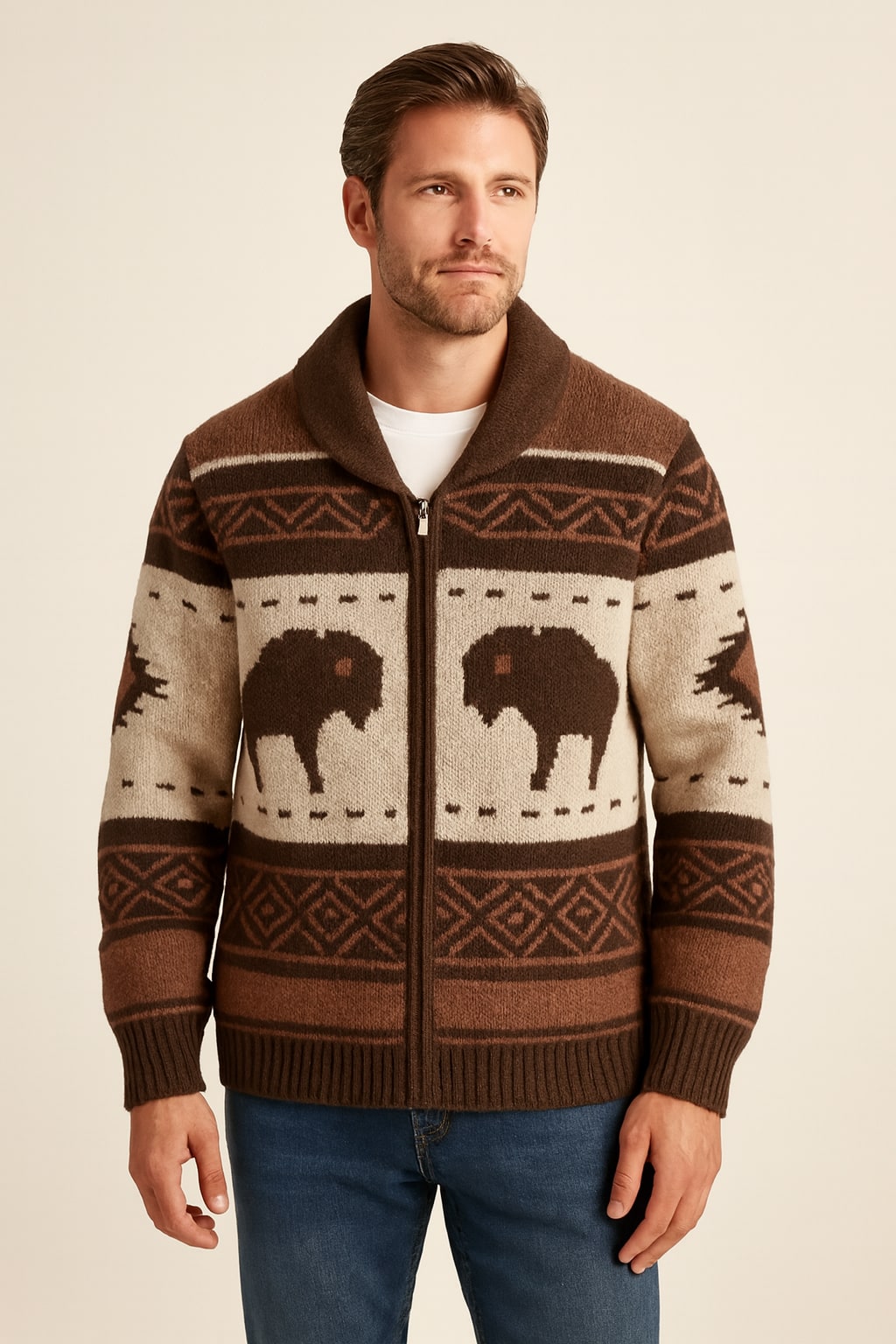 Men's Shawl Collar Zip Cardigan in brown, buffalo pattern knit, front view on a model