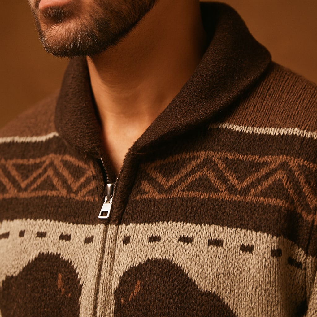 Close-up of the men's shawl collar zip cardigan showing the buffalo jacquard and zip
