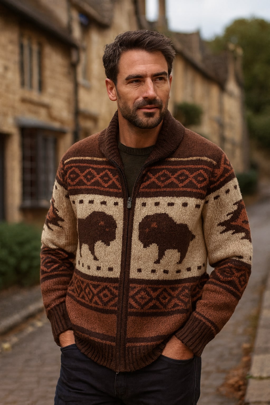 Man wearing the men's shawl collar zip cardigan on an autumn street