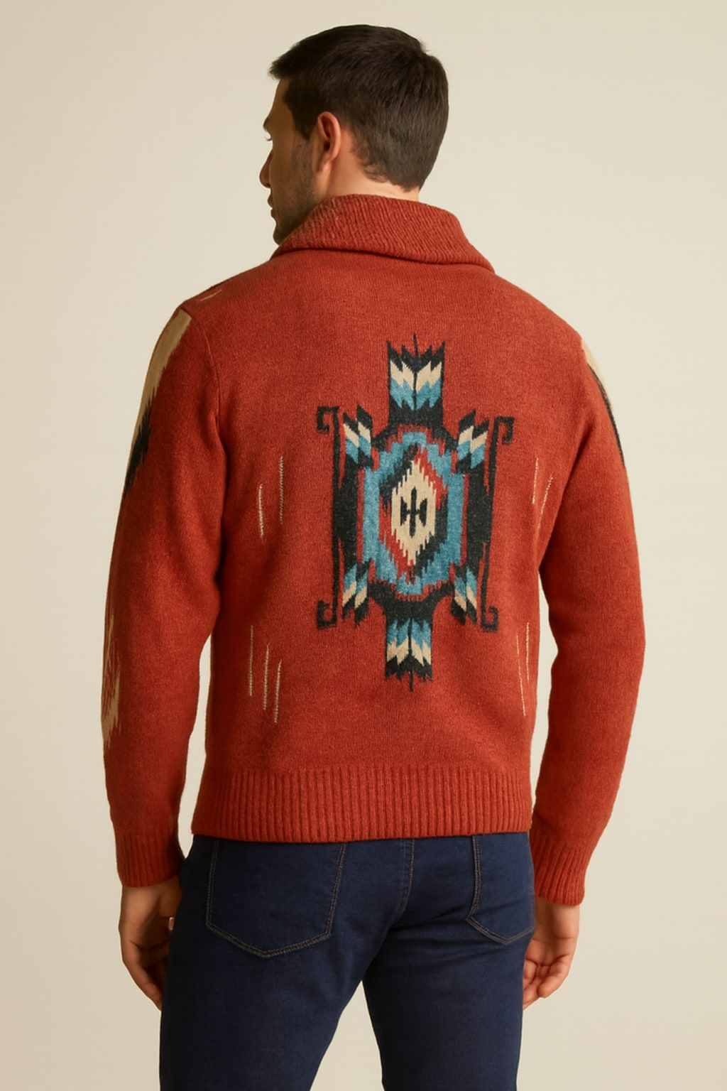 Back view of the men's striped cardigan in crimson red on a model