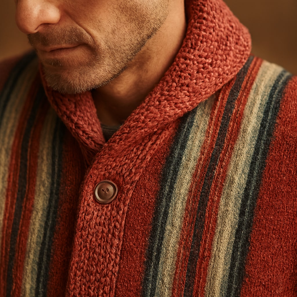 Close-up of the men's striped cardigan showing the jacquard stripes