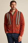 Men's Striped Cardigan in crimson red, relaxed jacquard knit, front view on a model