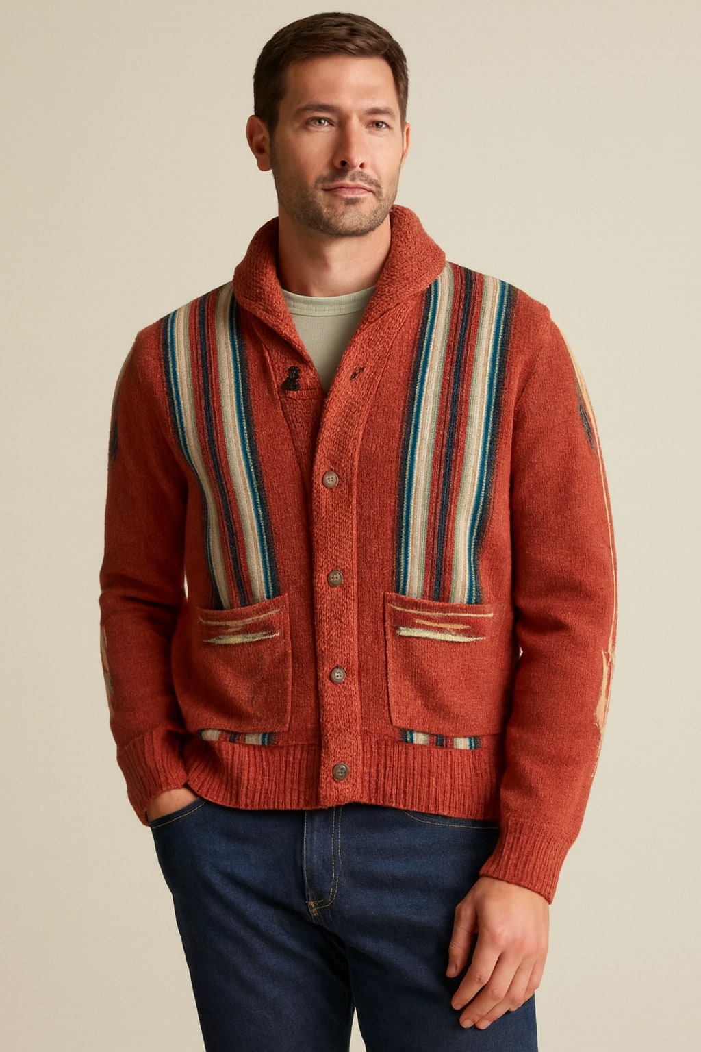 Men's Striped Cardigan in crimson red, relaxed jacquard knit, front view on a model